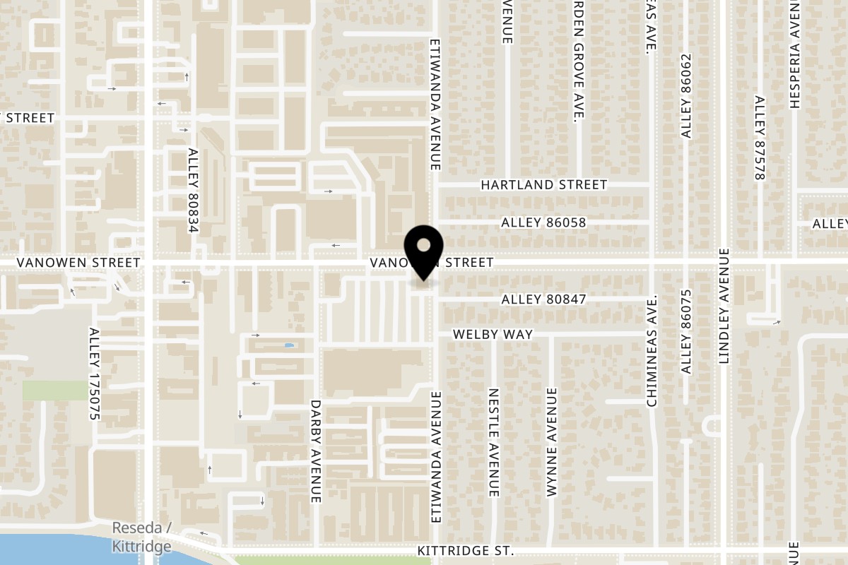 Map showing the location of Milan's Pizza on 18300 Vanowen Street in Reseda